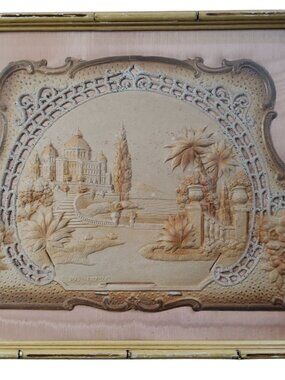 Antique Heavily Embossed Diecut Pulp Calendar Topper made in Germany , Cathedral